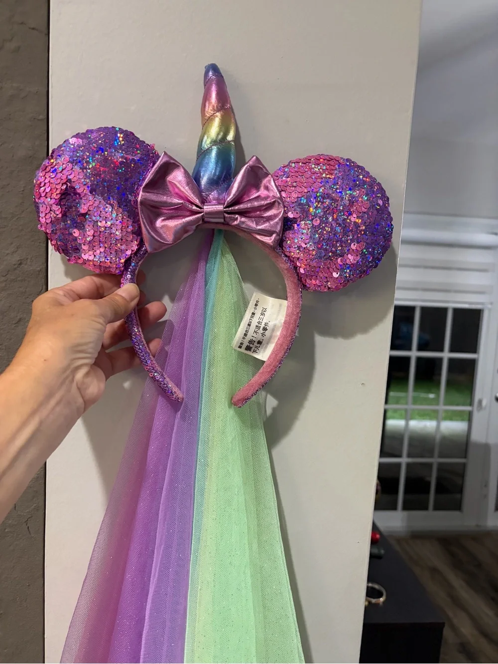 Disney Pink Sequin Unicorn Ear Headband with Rainbow Veil